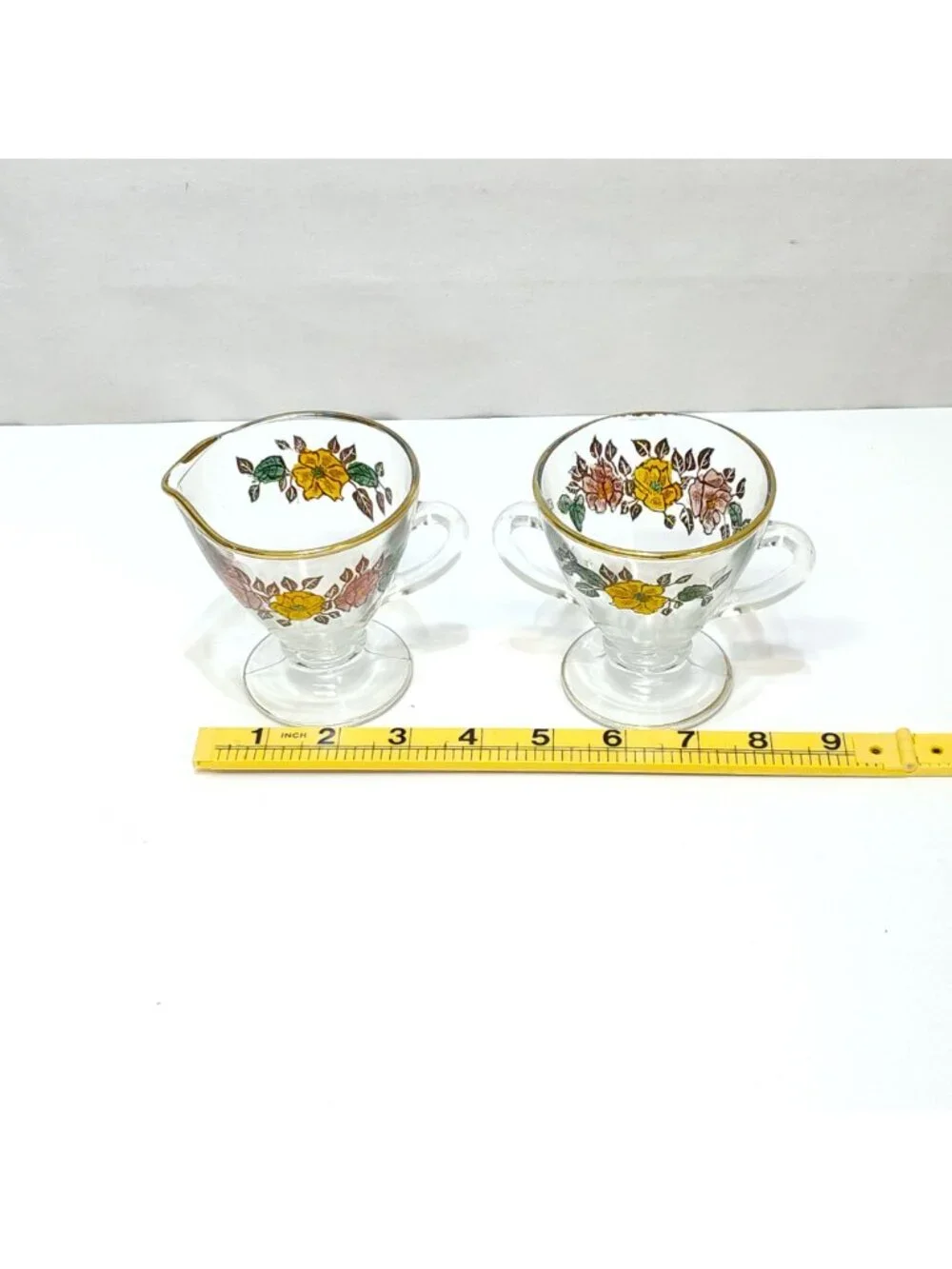 Vintage Glass Creamer & Sugar Set Floral Design Gold Rim Accents Artist Unknown